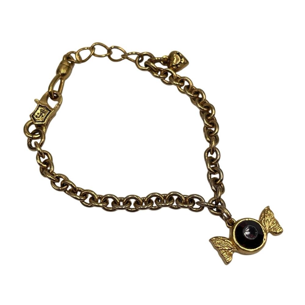 Juicy Couture Y2K Dark Red Stone‎ Gold Tone Candy Charm Heart Link Bracelet